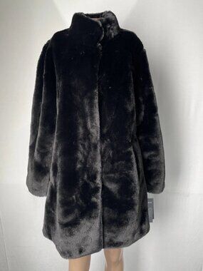 Jones New York Womens Coat Black Size M Petite Faux Fur Tall Collar Mid Length